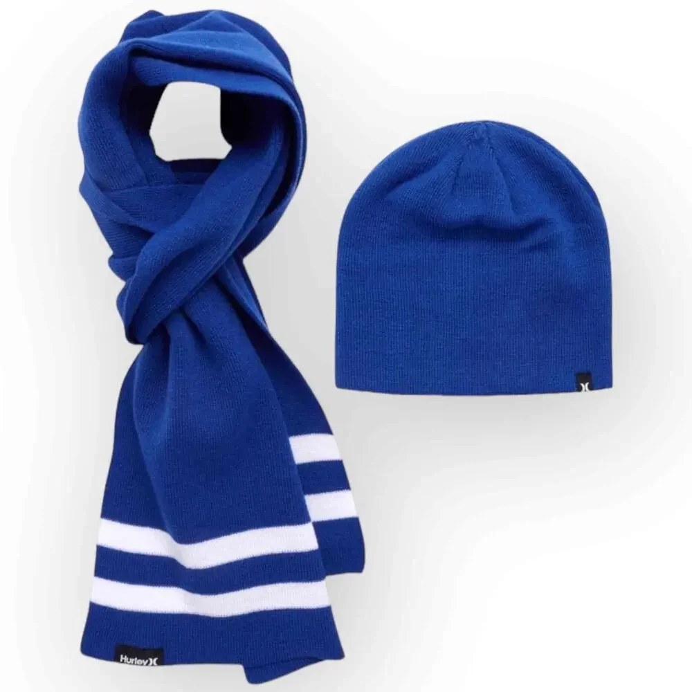NWT Hurley Men’s Beanie & Scarf Set – Blue with White Stripe – One Size